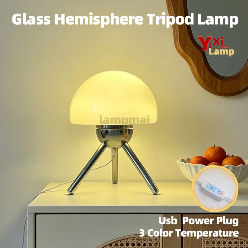 

Murano Glass Hemisphere Shape Tripod Table Lamp, Mid-century Retro Bedside Lamp for Bedroom, Dorm & Study Room Decor