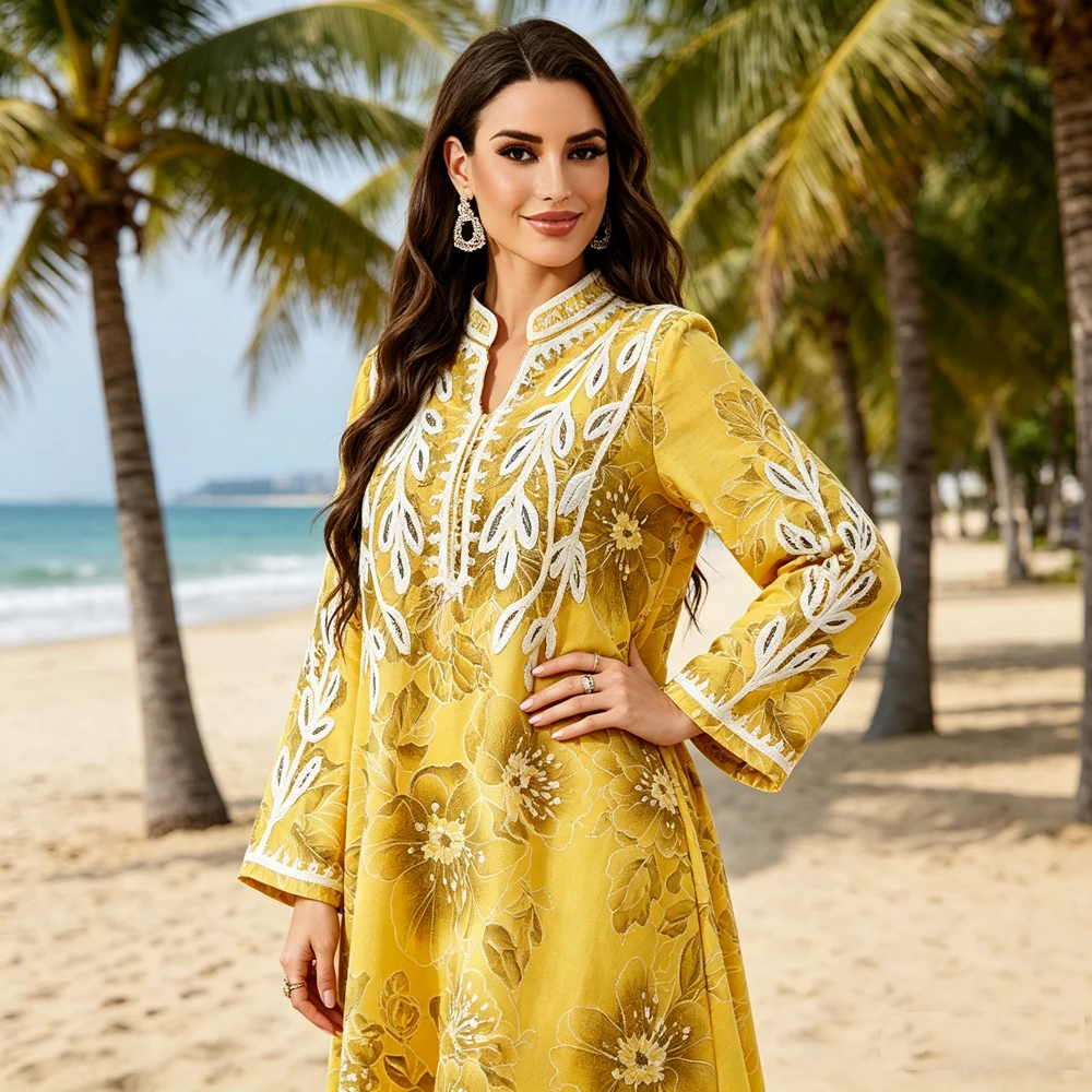 

Muslim Women Embroidery Maxi Dress Dubai Abaya Floral Print Jalabiya Turkey Kaftan Arabic Robe Femme Musulmane Casual Long Gown