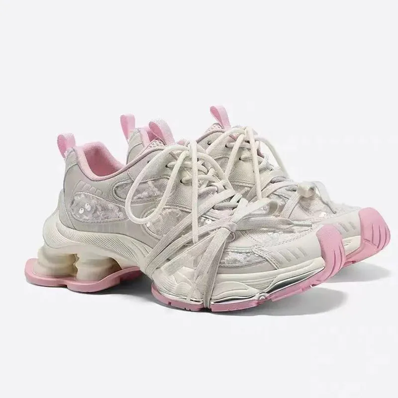 Chunky Sneakers Fashion Women Synthetic Leather Mesh Mixed Color Round Toe Lace-Up Sports Trainer Ladies Shoes Handmade