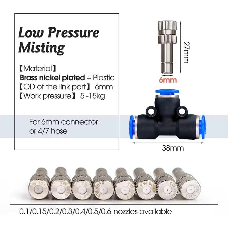 5pcs Low Pressure Atomizing Nozzle 6mm Slip Lock Quick Connectors Humidify Watering Landscapingc Sprayer Misting Cooling System