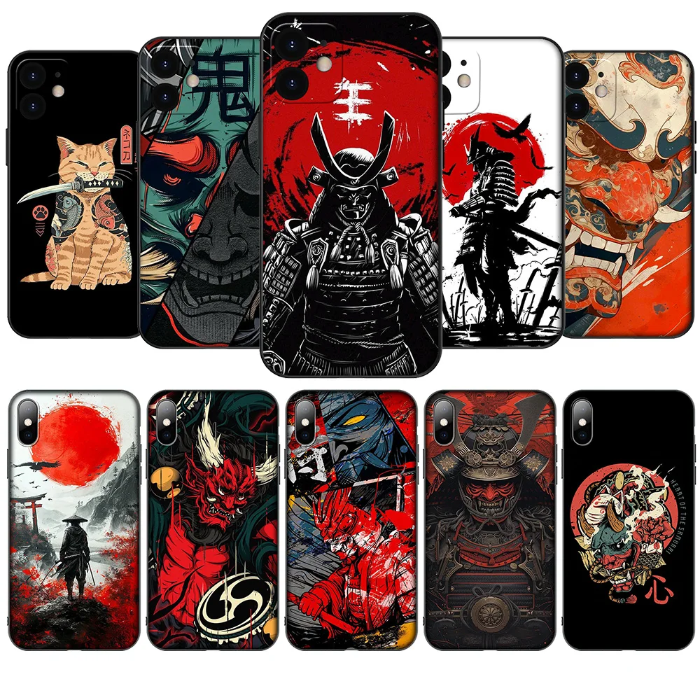 HA92 Japan Samurai Skeleton Skull Ninja Soft Case for iPhone 16 15 14 13 7 8 Pro Max Mini Plus