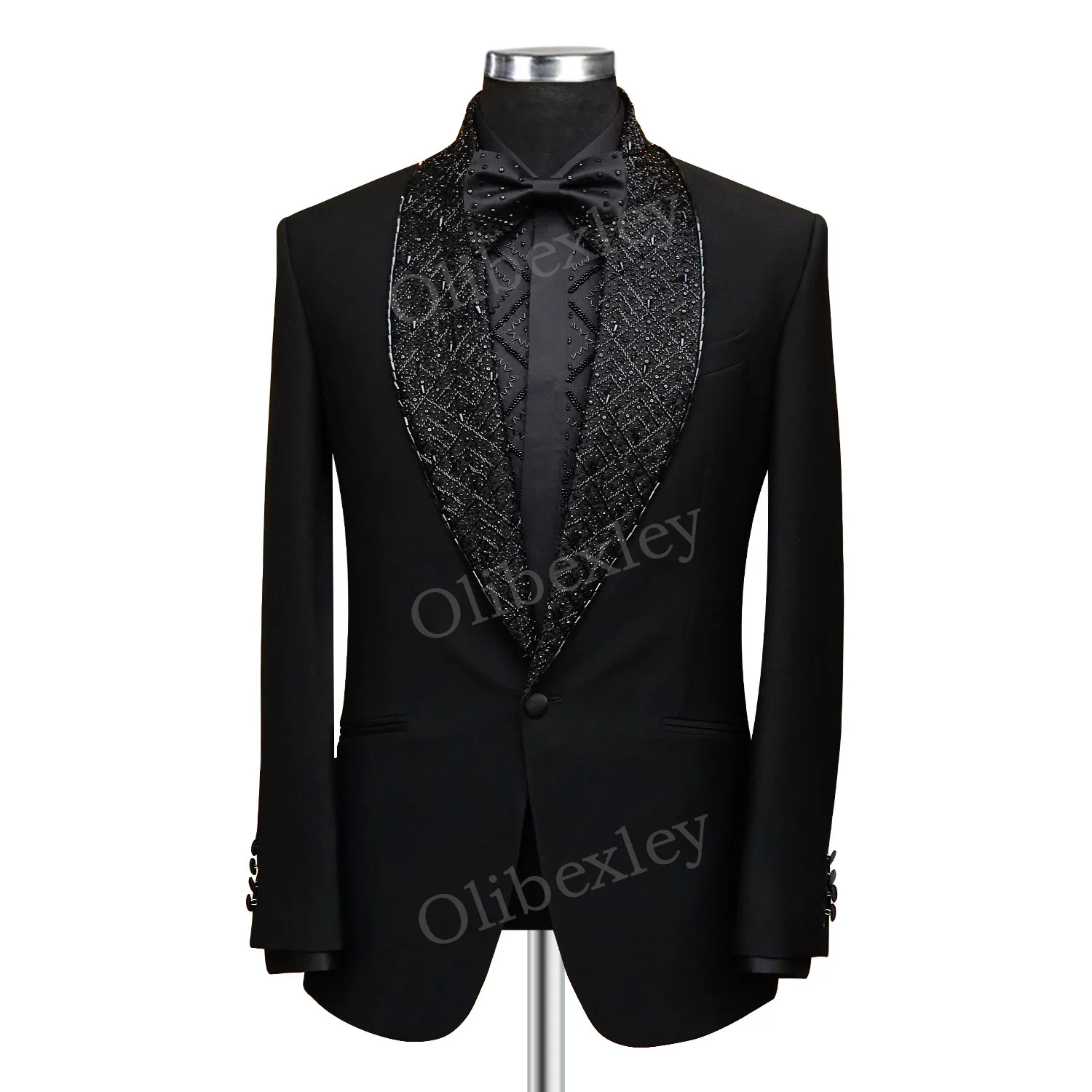 

Black Slim Fit Mens 2 Piece Set Suits Luxury High Quality Customized Lapel Beaded Crystals Tuxedos For Wedding Groom