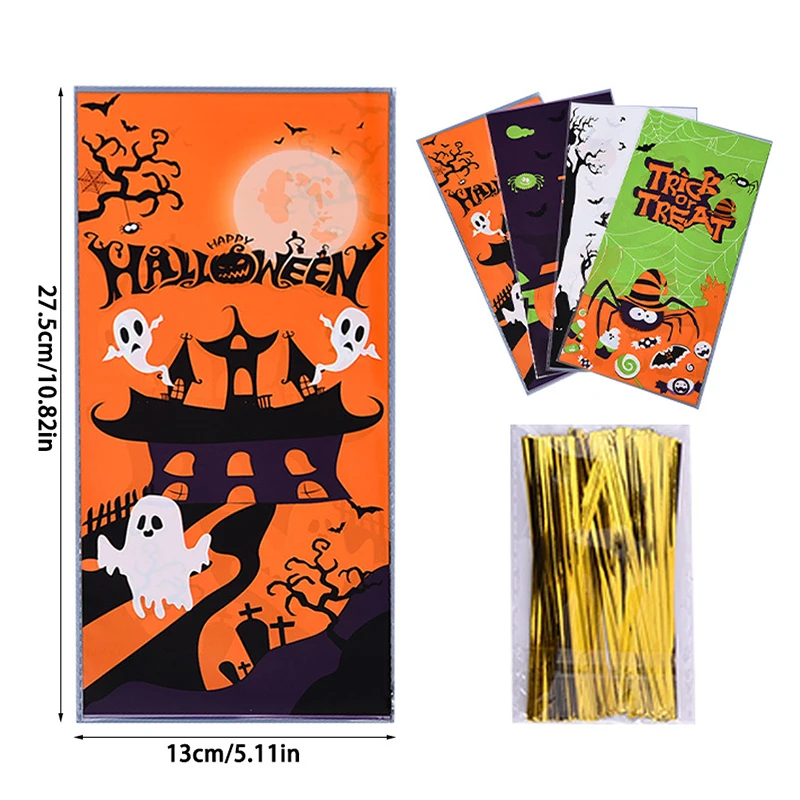 50szt Halloween Celofan Treat Bags Spider Web Pattern Candy Cookie Bags Pumpkin Gift Snacks Favor Bag for Halloween Decor