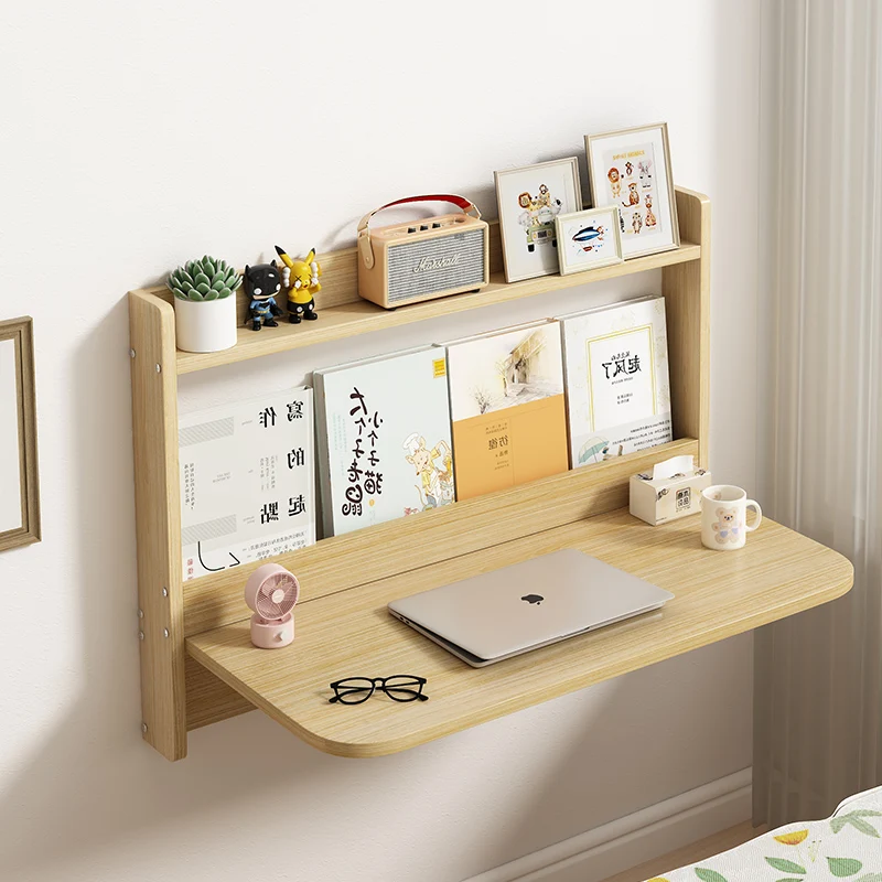 Suspended wall-mounted  folding desk bedside integrated study table suspended household bedroom solid wood bookshelf bookcase