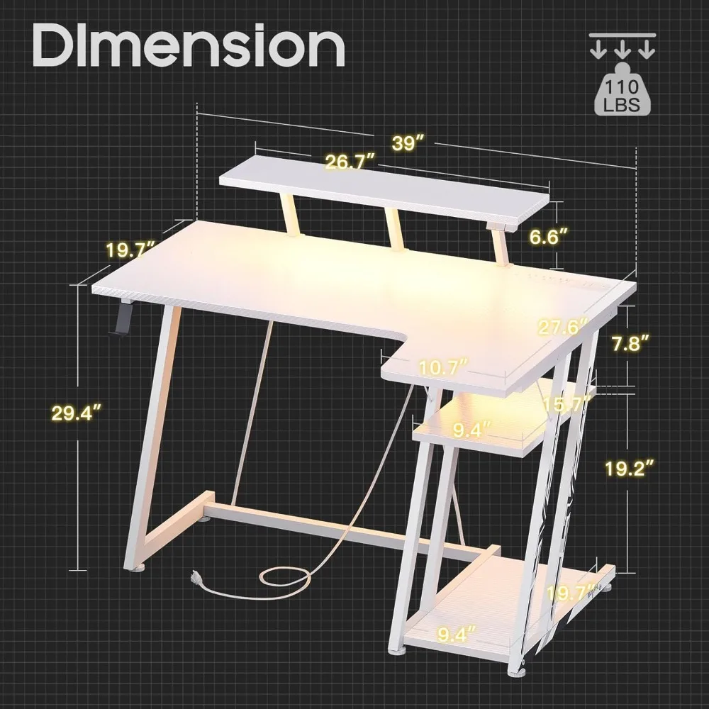 39inch Gaming Desk L Shaped with LED Lights, Power Outlets, PC Storage Shelf and  Monitor, Carbon Fiber Texture , Gaming Table