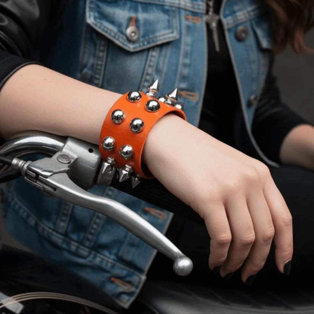 Durable Studded Leather Wristband Adjustable Snap Closure Polished Alloy Studs Gothic Rock Cuff Reinforced Hardware
