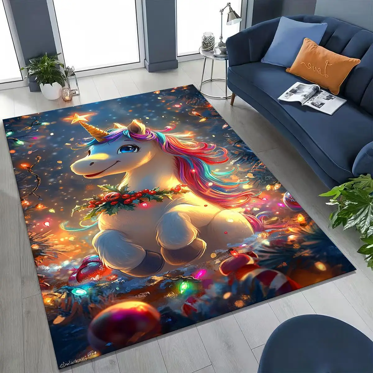 

Cartoon Rainbow Unicorn Elves Girl Gift Rug for Bedroom Living Room Sofa Home Doormat Decor, Large Kid Play Non-slip Floor Mat