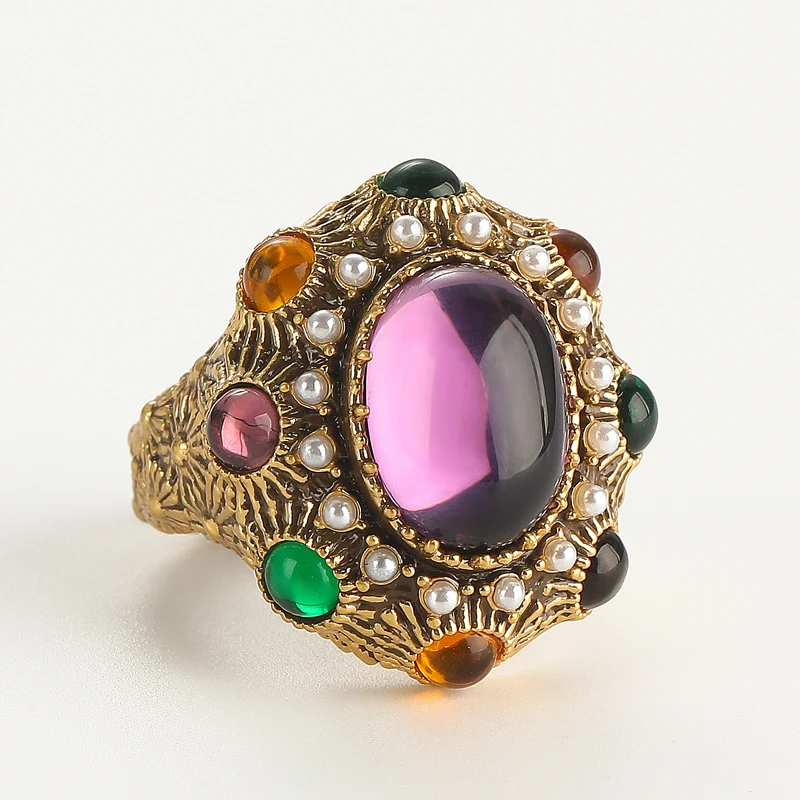Vintage-Ringe mit lila Glasur, Kristallperle, bunt, oval, goldfarben, Schmuck, Designer-Luxus, hohe Qualität, für Damen, Valentinstag