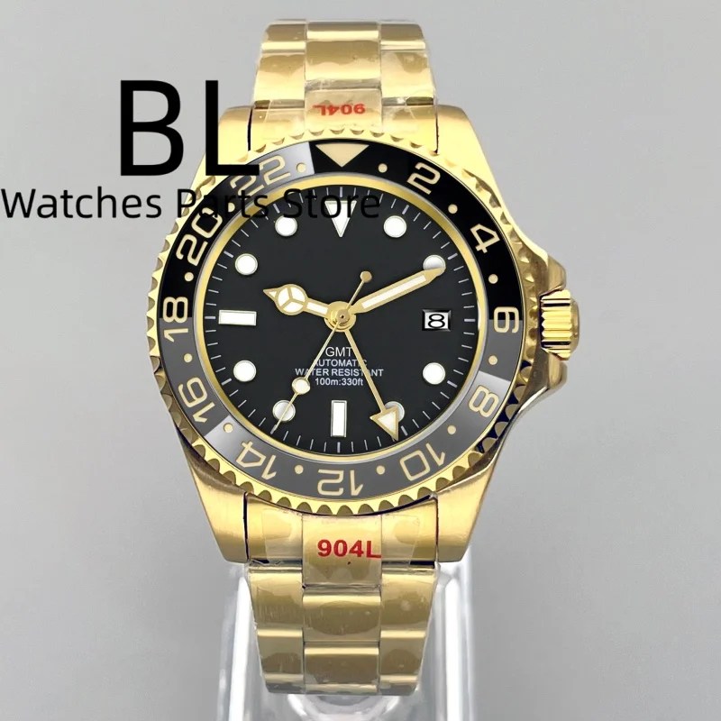 BLIGER 43MM Luxury Ceramic Bezel GMT Watch for Men Two Tone Silver Gold Jubilee Bracelet Sapphire Glass Waterproof Reloj Hombre