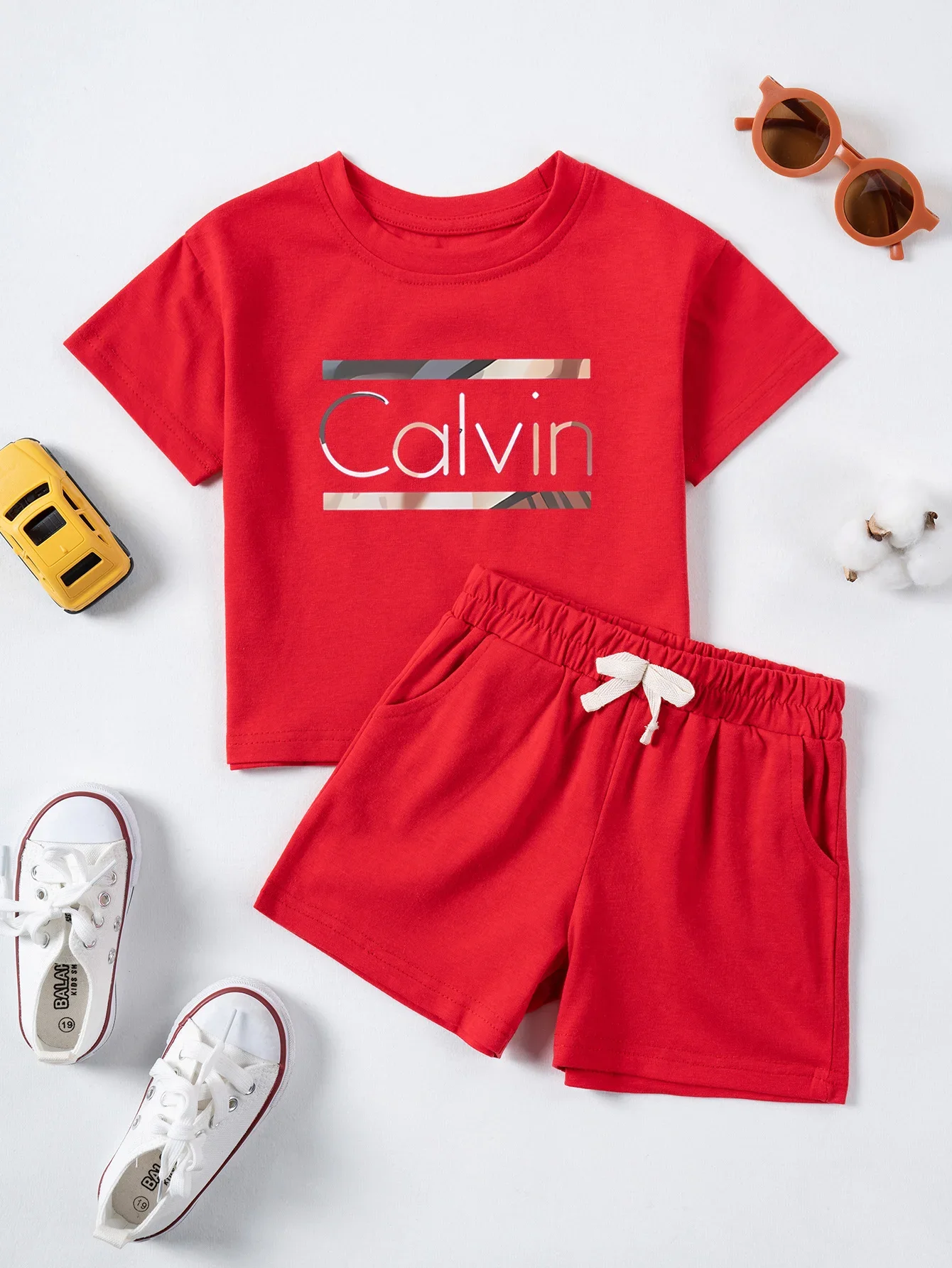 Trajes con estampado de letras Calvin para niños, camisetas de algodón + Pantalones cortos, conjuntos de ropa de 2 uds., trajes de moda para niños y niñas de 1 a 7 años