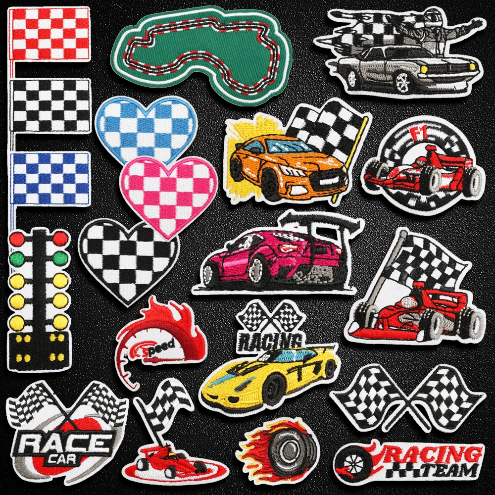 Cute Racing Track Flag Racing Car Embroidered Patches For Clothing Thermoadhesive Patches Iron On Patches DIY Jacket Sew Sticker