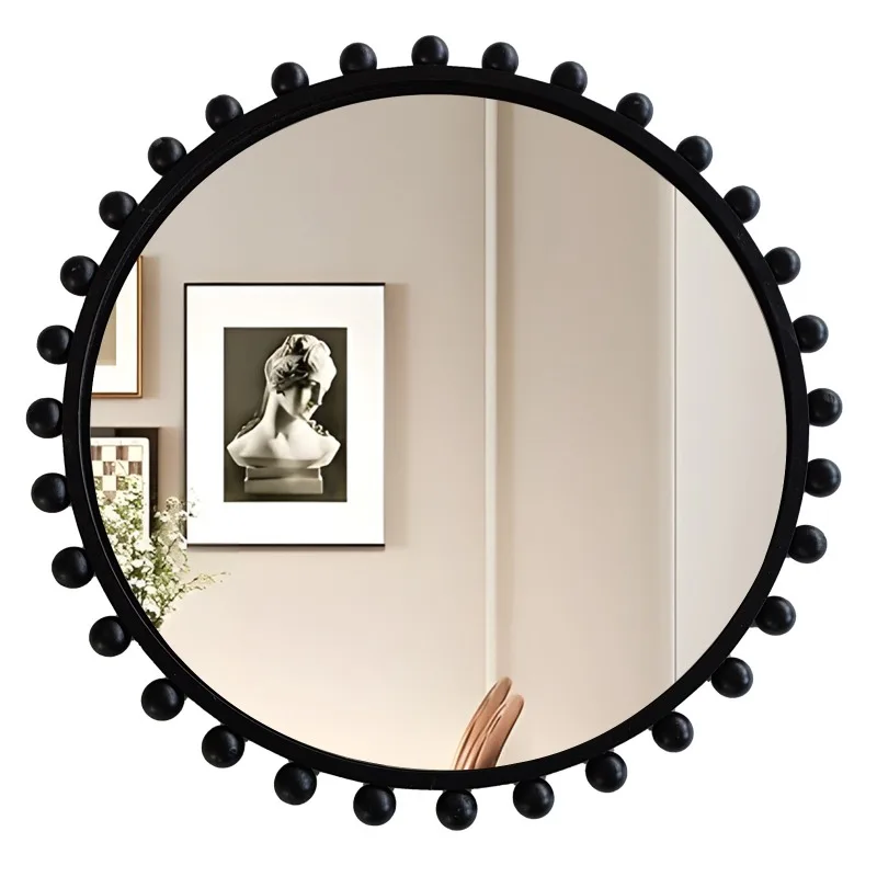 Round wooden large bubble wooden bead frame decorative mirror modern simple light luxury wall decorative mirror