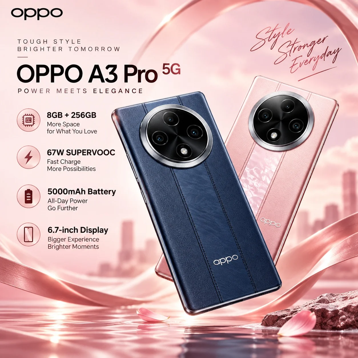 OPPO A3 Pro 5G: 8GB+256GB, Dimensity 6300, 120Hz display, 50MP AI camera, 5000mAh battery and 67W SUPERVOOC for all-day power.