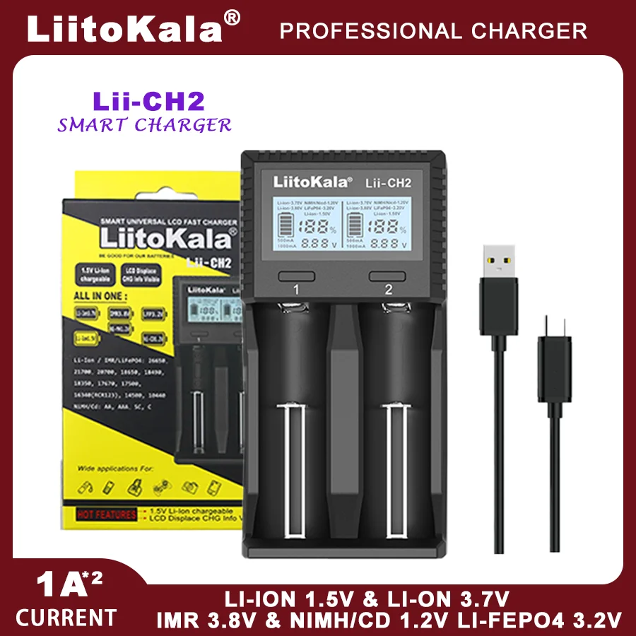 LiitoKala Lii-600 Lii-CH2 Battery Charger For Li-ion 3.7V and NiMH 1.2V Battery Suitable for 18650 26650 21700 26700 18350