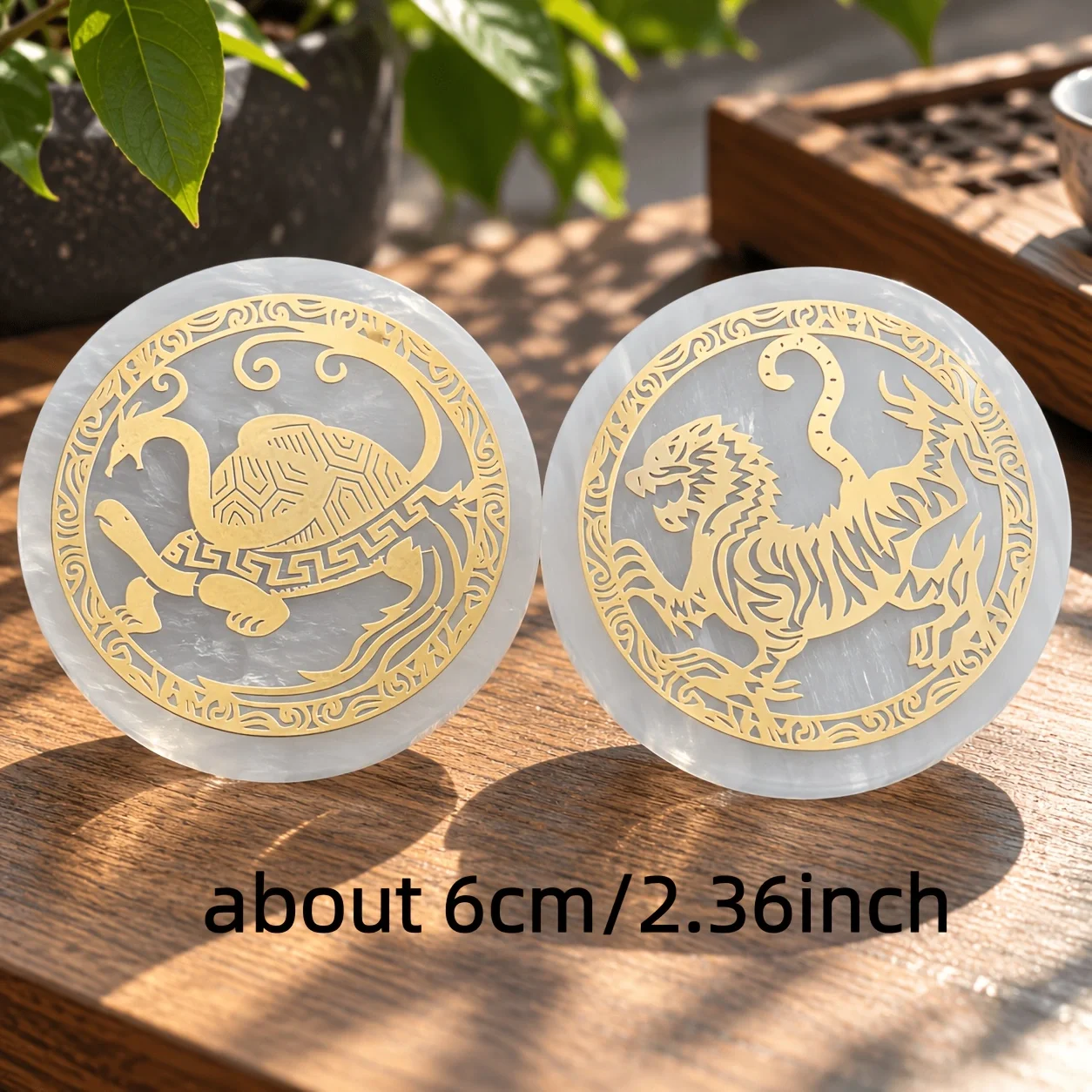 Natural Selenite Charging Plate, 4 Mythical Beasts Golden Foil Round Selenite Disc, Dragon Phoenix Tiger Turtle Pattern