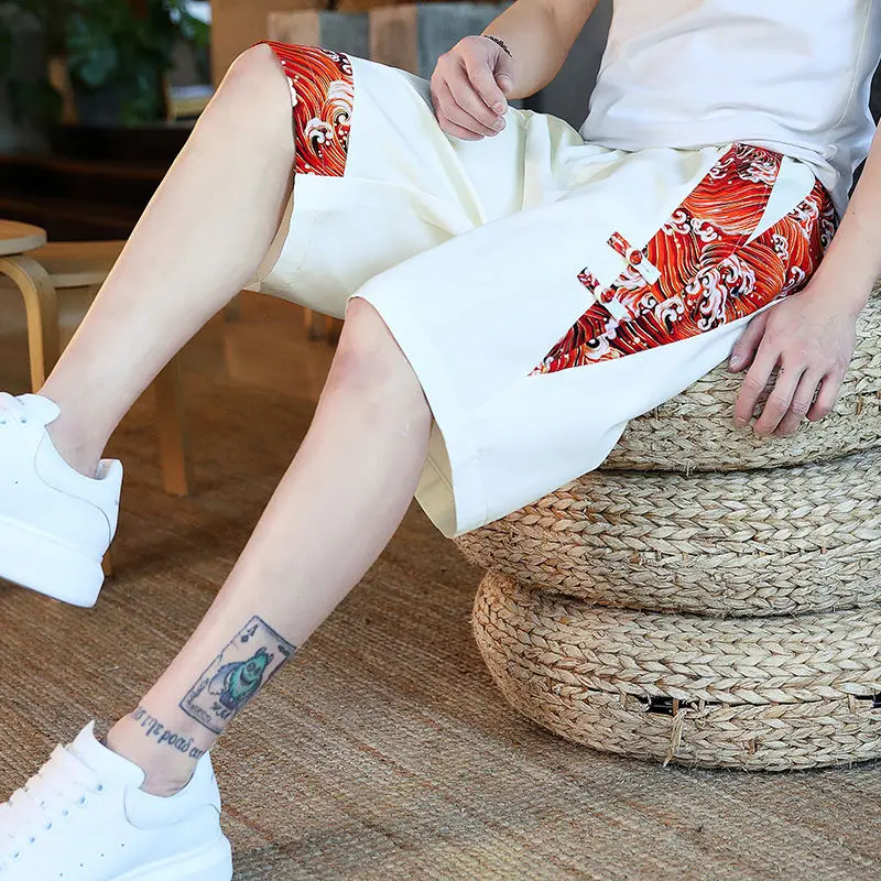 

Male Short Pants White Floral Splicing Bermuda Long Loose Men's Shorts Xxl Korean Style No Logo Summer with Ice Fashion Stylish