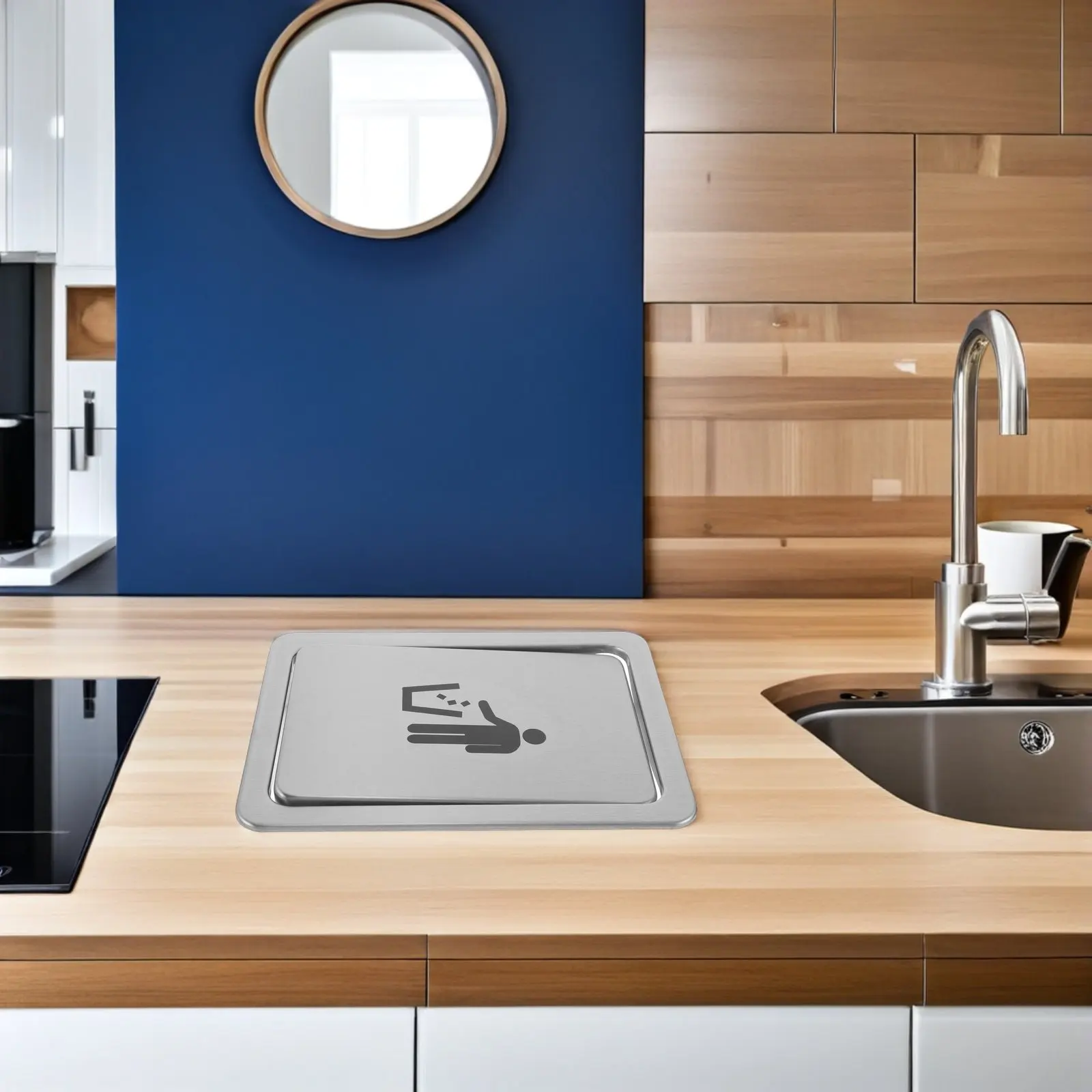 Embedded Stainless Steel Trash Lid Recessed Countertop Swing Flap Cover with Symbol Sign Odor Blocking for Kitchen Garbage Bin