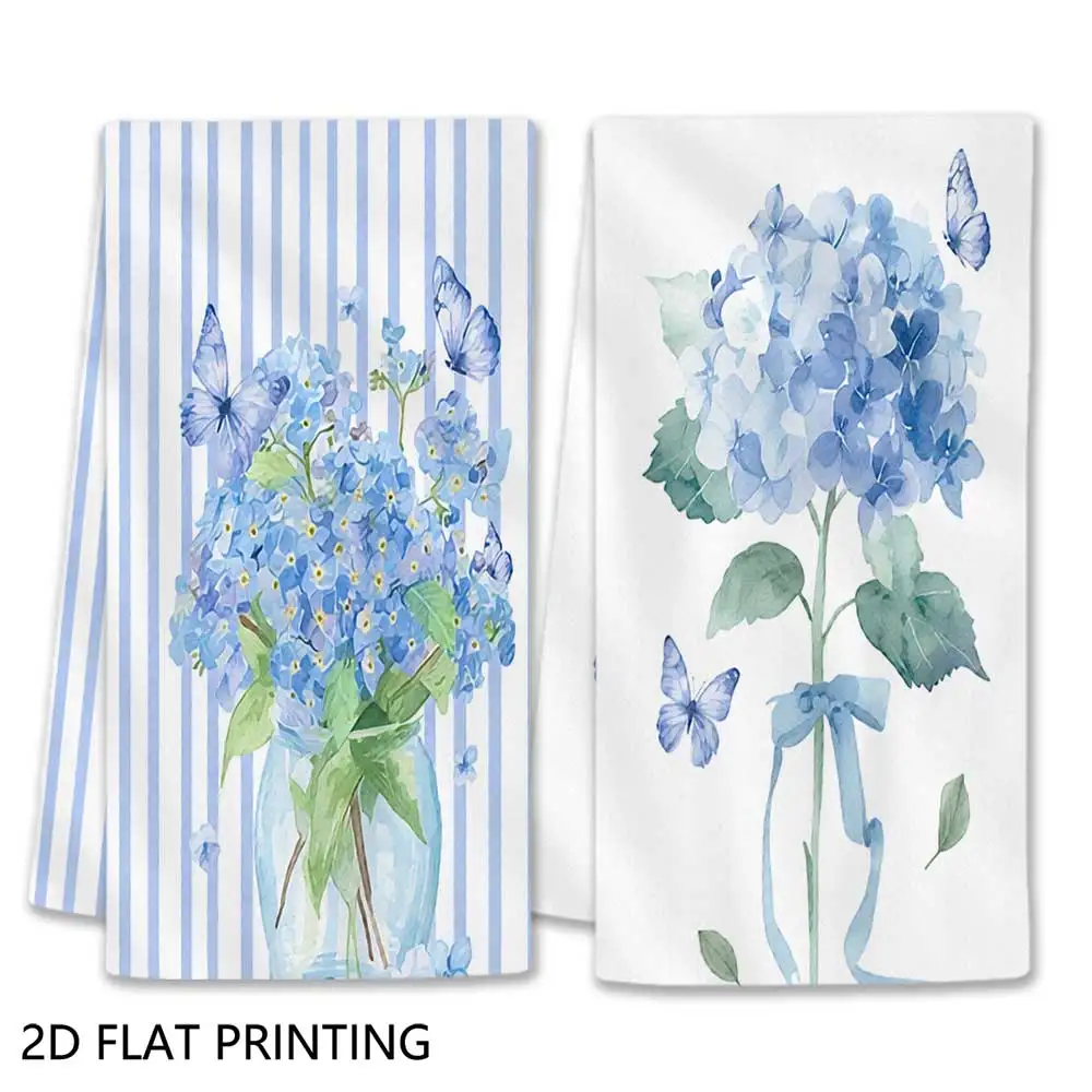 Jit 2pcs Hydrangea Butterfly Jar Striped Pattern Dish Towels For Home Kitchen Farmhouse Decor