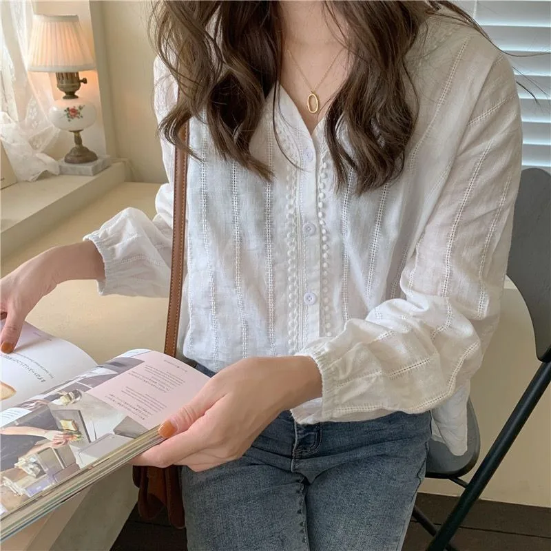 QWEEK Korean Style Basic White Women Blouses Oversized Office Elegant V Neck Long Sleeve Shirts Solid Colour Fashion Youthful