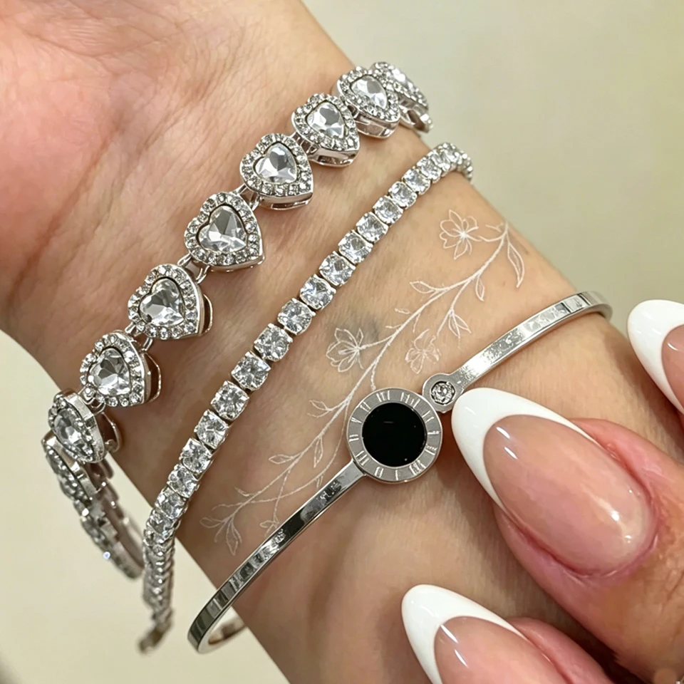 Yupsk 1/3 Stück Silberfarbene Funkelnde Zirkon-Strass Herz-Tennisarmbänder Edelstahl-Armreifen Modeschmuck – Detail 2