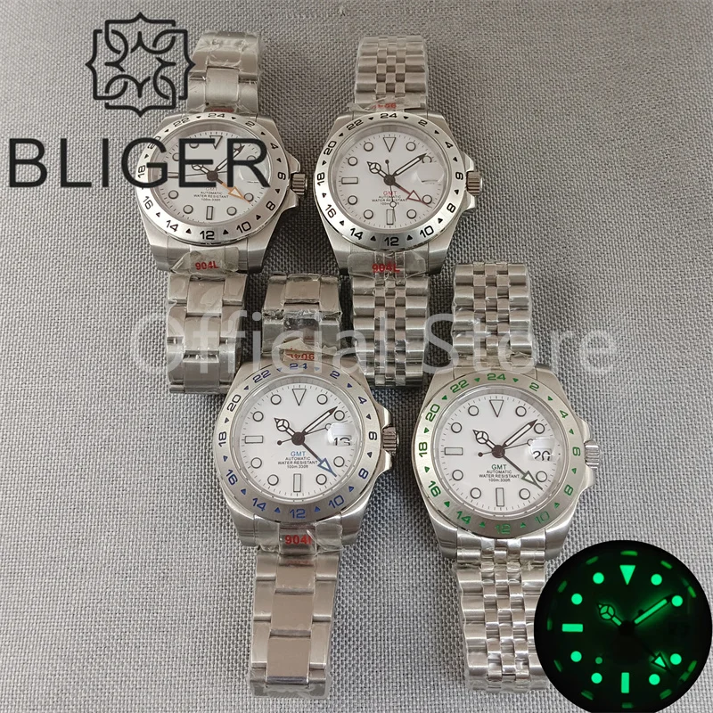 BLIGER 40mm stainless Silver cas Automatic GMT Watch Hand Sapphire Glass men's Watch Multicolored pointer Blue green digital cas