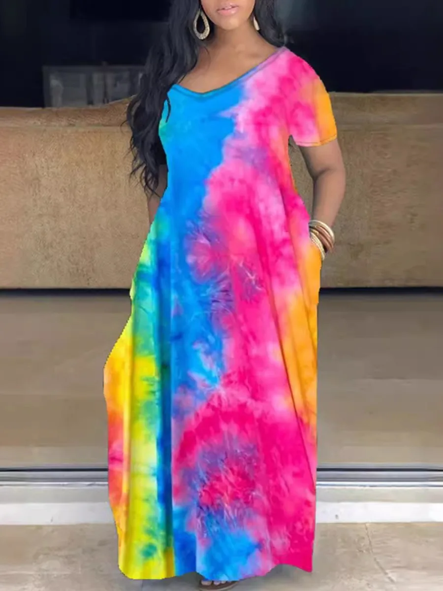 LW Plus Size dresses V Neck Tie Dye Loose Dress summer short sleeve long dress vestido casual loose maxi dress women's clothing