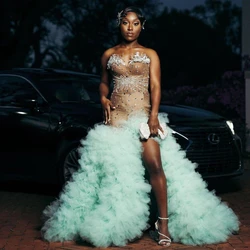 Customized Sexy Mint Puffy Tiered Ruffle Mermaid Prom Dress For Black Girls Crystals Rhinestone Beaded Formal Party Gowns YPD105