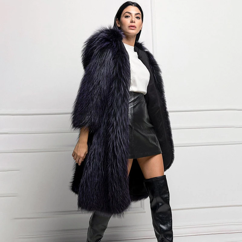 Genuine Sliver Fox Hooded Fur Coat Women Luxury Streetwear Thick Black Outertwear Winter Fashion Natural Fox Fur Female