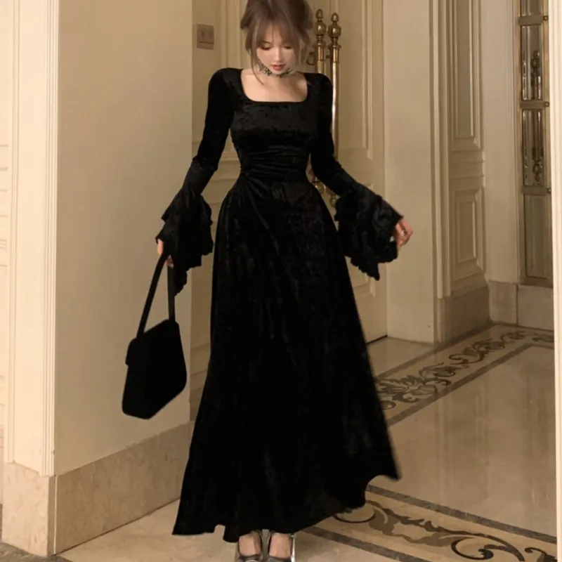 Y2K Velvet Long Dresses for Women Flare Sleeve Square Collar Slim Waist A-line Autumn Winter Evening Party Prom Robe Vestidos