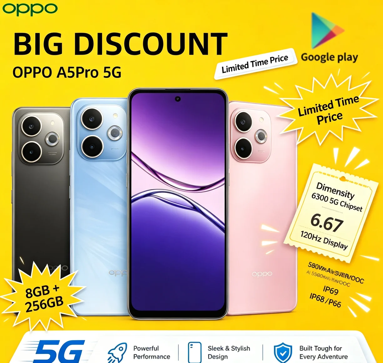 2026 Must‑Buy OPPO A5Pro Global Version Unlocked Handset 8GB RAM 256GB ROM 6.5'' HD+ Waterdrop Screen Helio P35 Octa‑Core