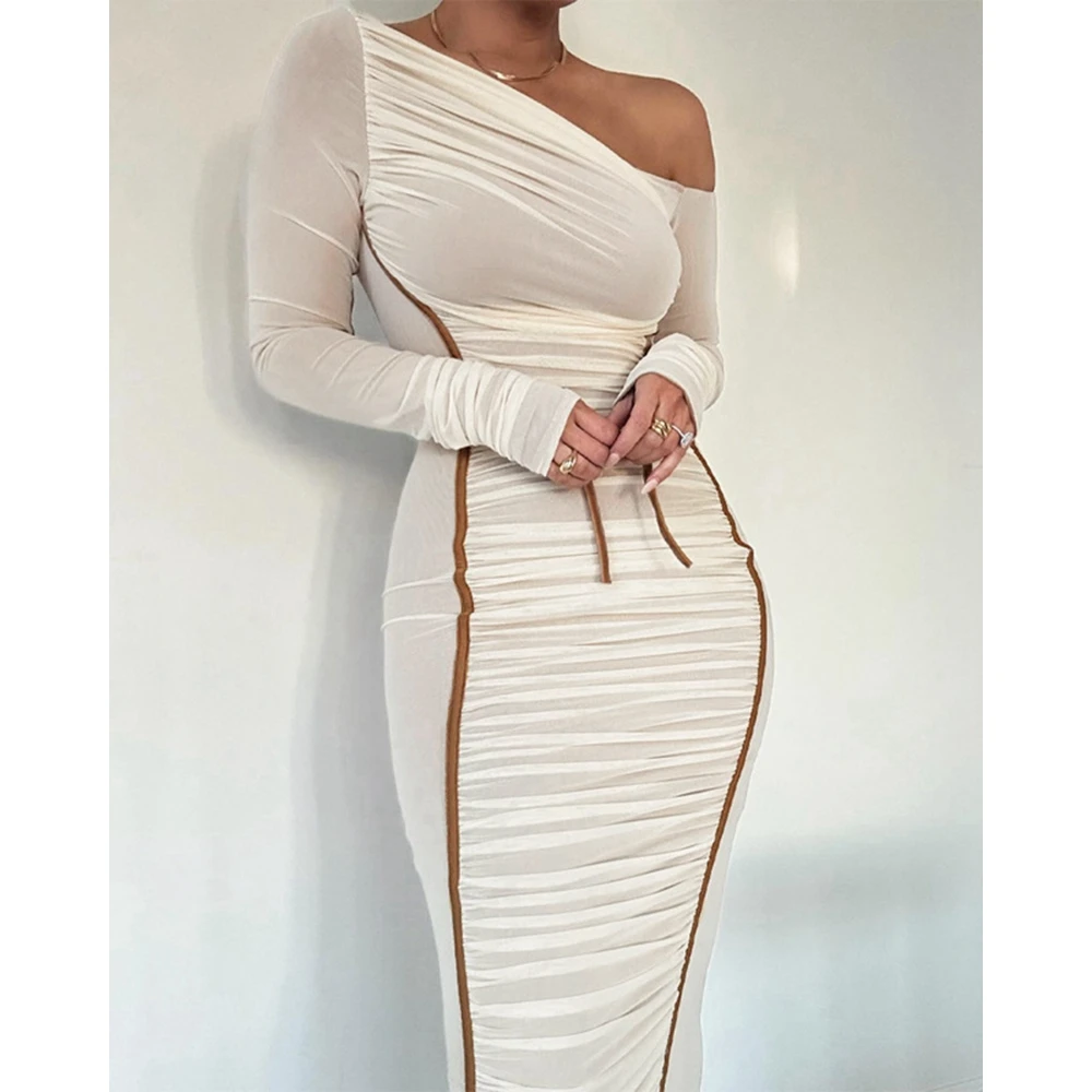 Vrouwen Colorblock Sheer Mesh Lange Mouw Bodycon Midi Jurk Vrouwelijke Party Lange Ruches Elegante Slim Fit Jurken Vestido de Festas