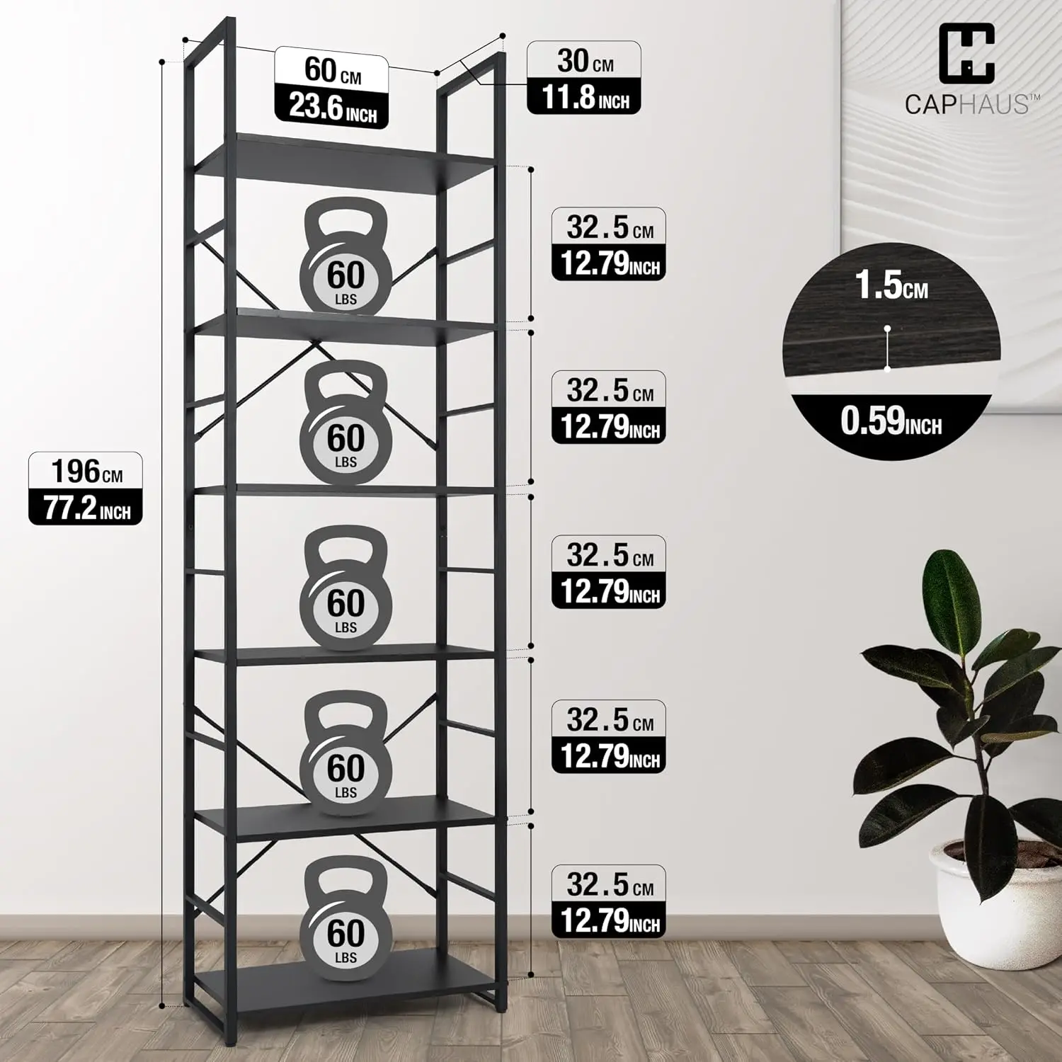 6 Tier Bookshelf 24 Inch Free Standing Storage Organizer Industrial Metal Frame for Home Office Living Room Kitchen, Customized