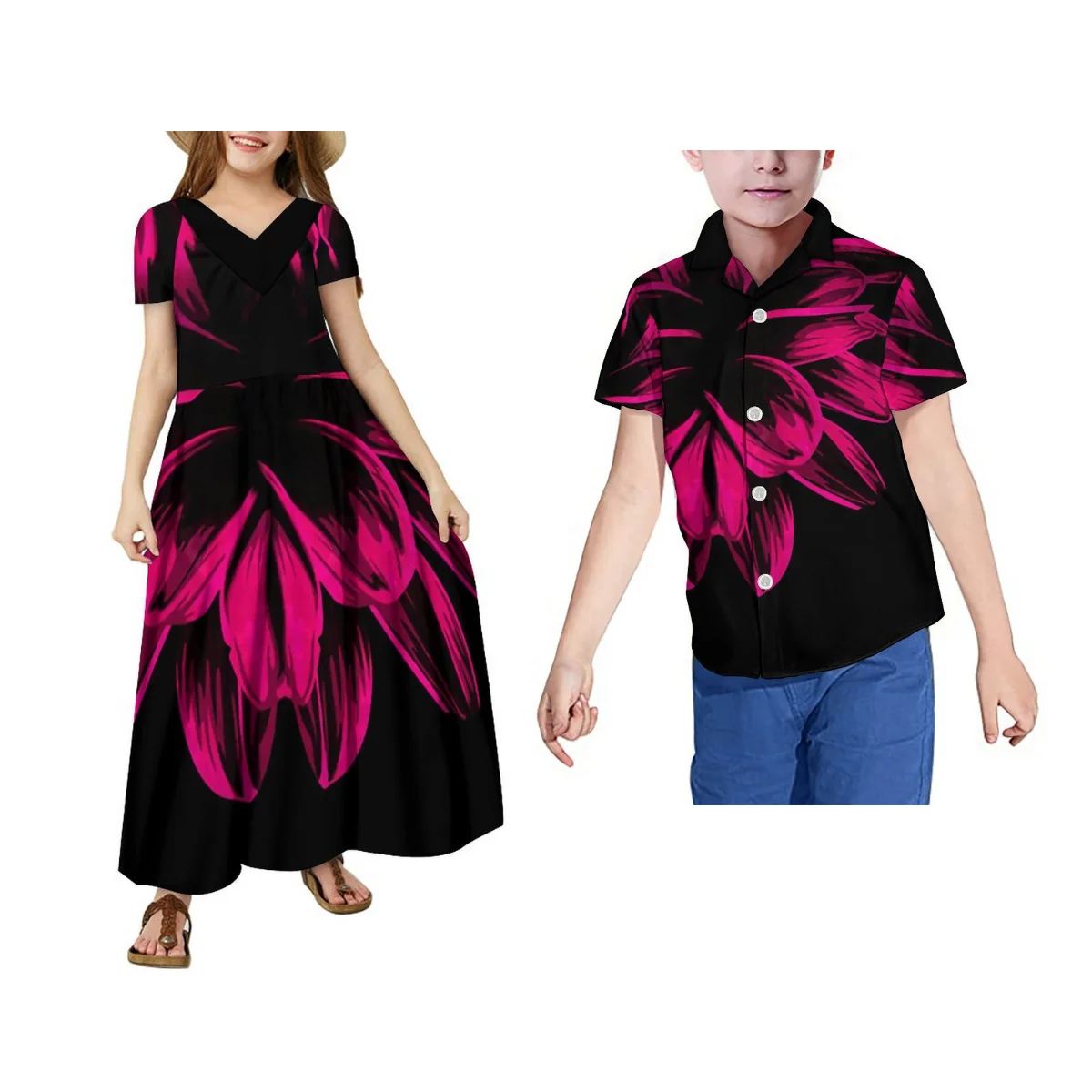 Polynesian Children Suit Matching Exclusive Customized Samoan Tribal Boys Print Shirt Hawaii Island Girl Long Dress