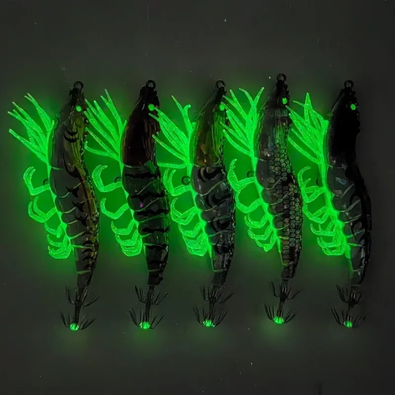 5pcs Squid Jig Lure Set Egi Flying Squid Bait Real Wooden Shrimp Laser Rattle Horizontal Jig for Saltwater Night Fishing Tackle - Detail Angle #05