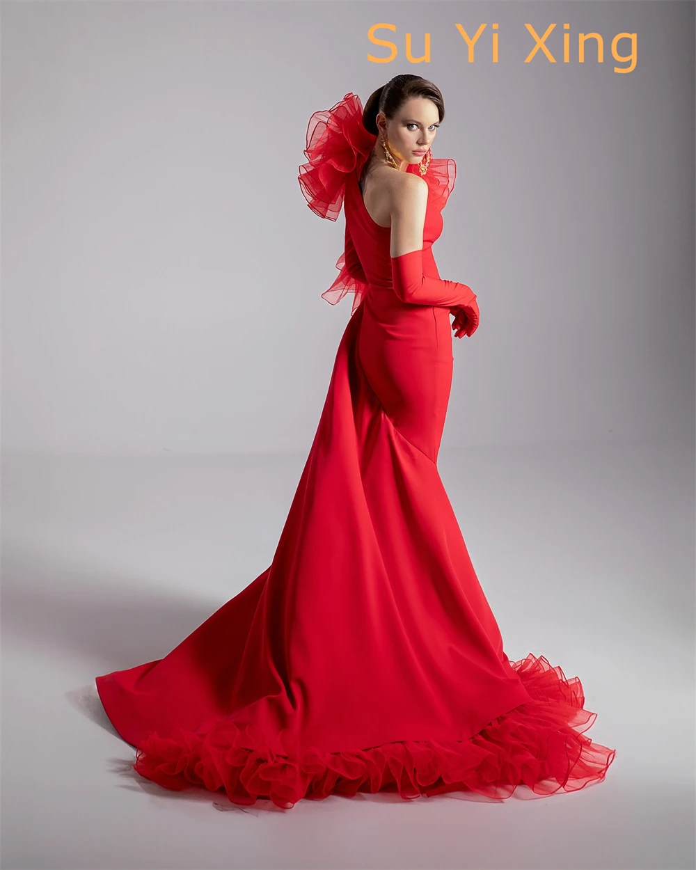 تخصيص حورية البحر حساسة الأحمر جيرسي مساء اللباس رائعة حمالة طويلة الأكمام حزب اللباس أزياء مستقيم Pr #4