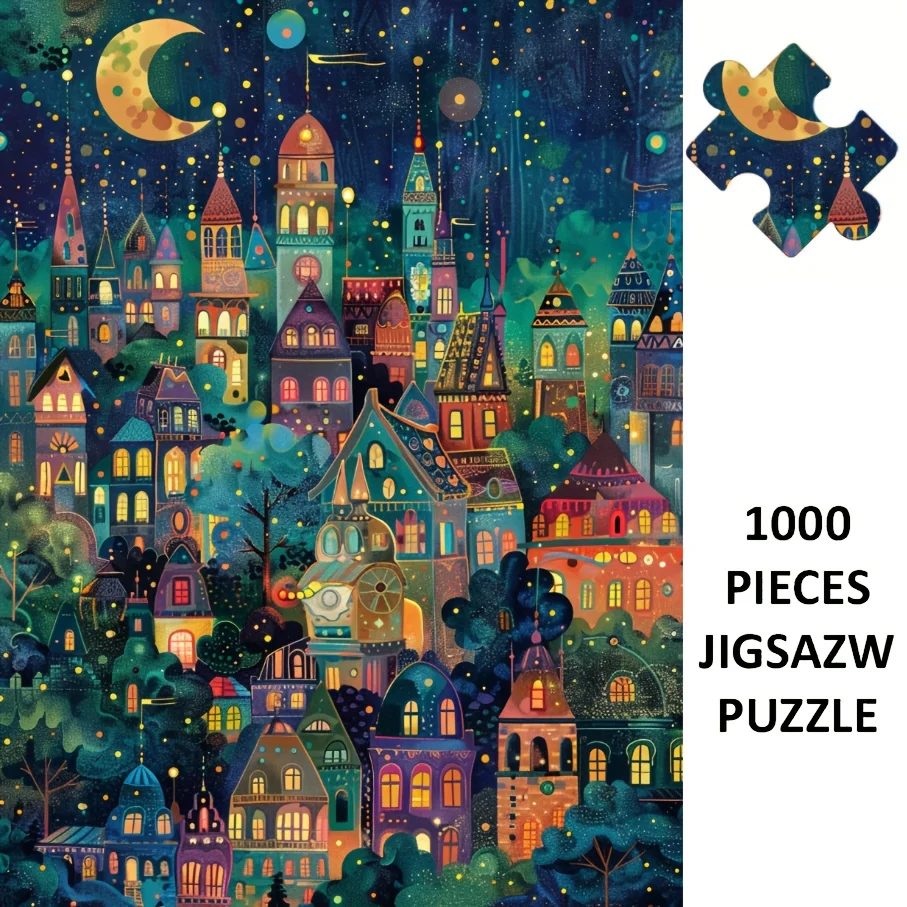 

500/1000/1200/2000PCS Jigsaw Puzzle Moonlit City At Night With Glowing Stars For Adults Family Fun Brain Teaser Gift