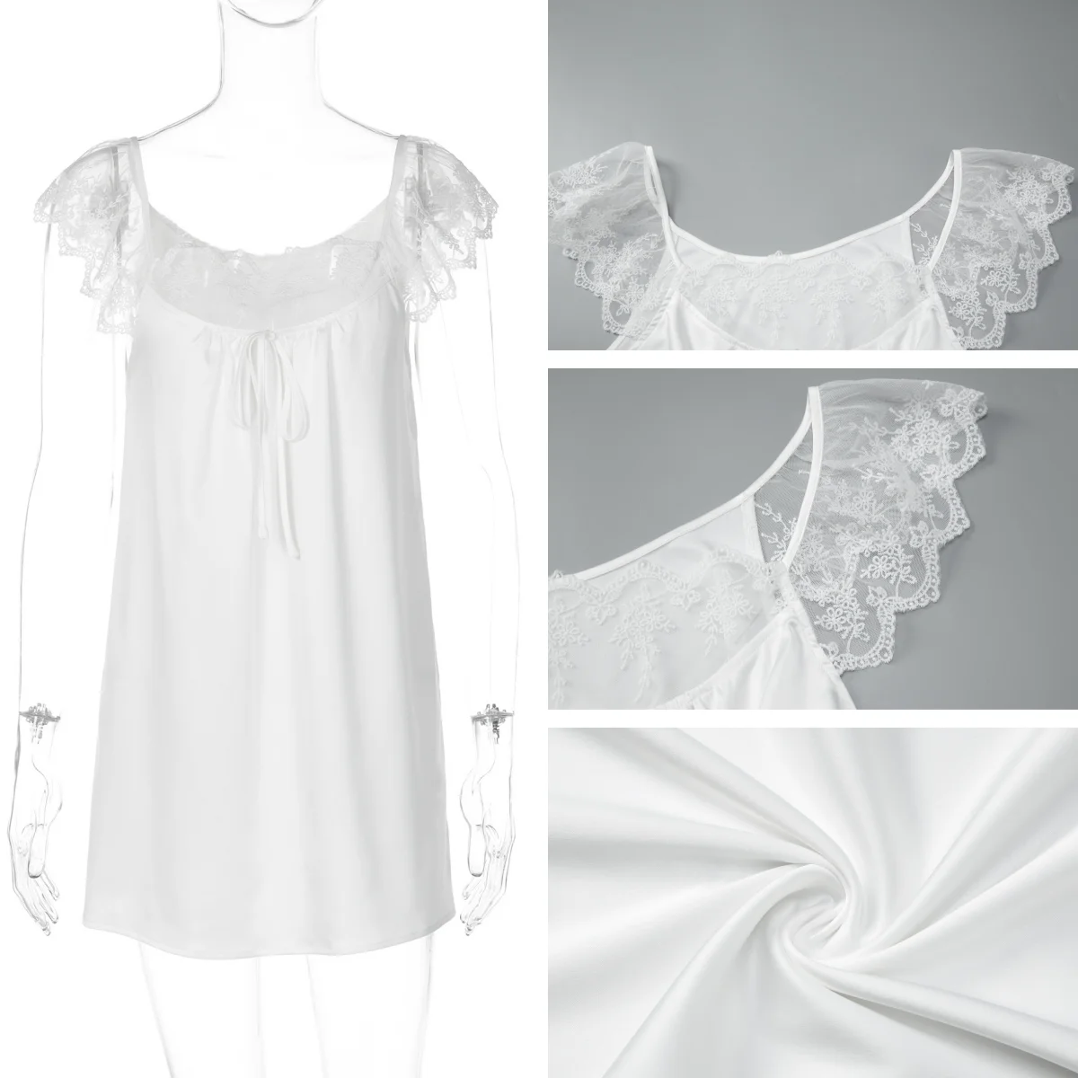 فستان نسائي قصير بدون أكمام مزين بالدانتيل من Absobe فستان قصير مرقع من الساتان برقبة مربعة ورباط علوي مثير بدون ظهر للعطلات فستان صيفي قصير