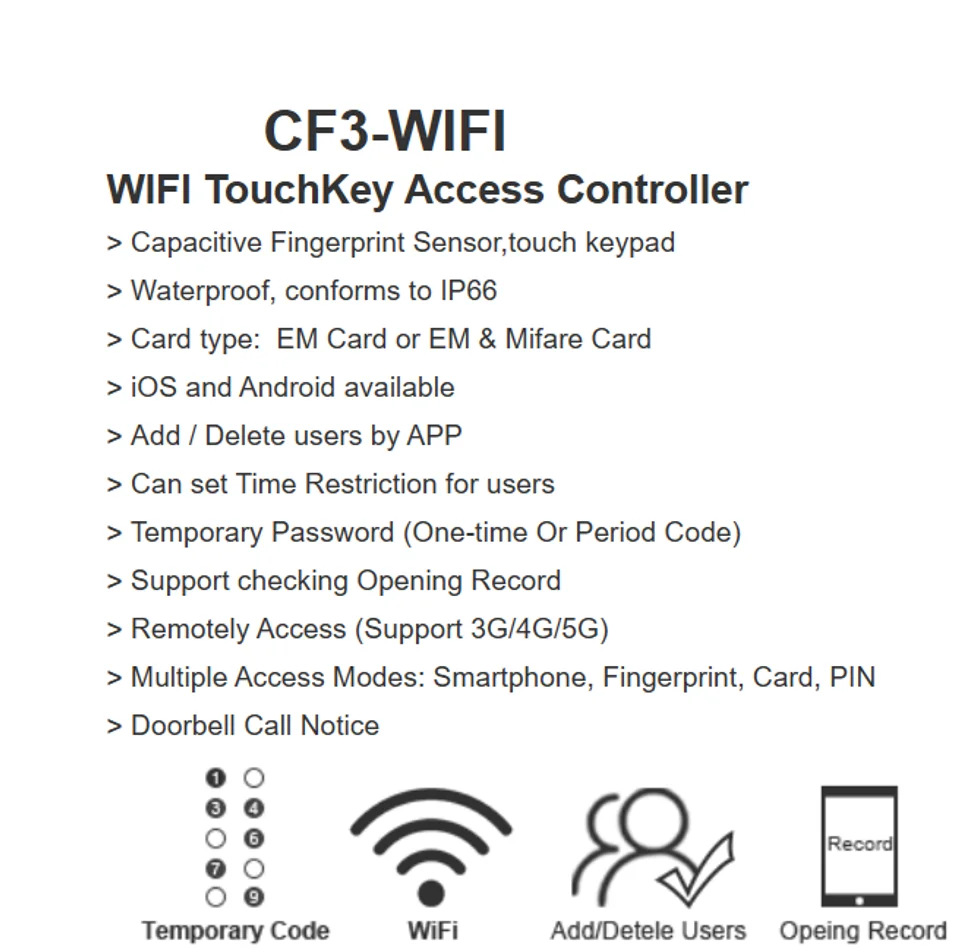 Tuya wifi açık IP66 siyah plastik kabuk parmak izi erişim kontrolü şifre ve RFID kart okuyucu fonksiyonu ile