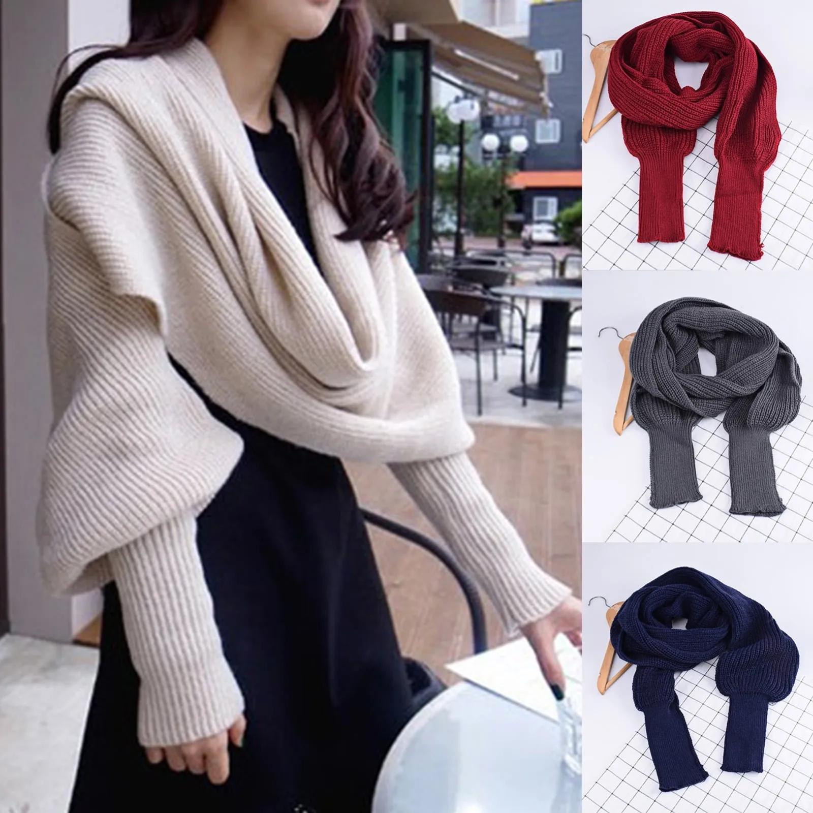 Women Knitted Sweater Tops Scarf With Sleeve Wrap Winter Warm Shawl Scarves