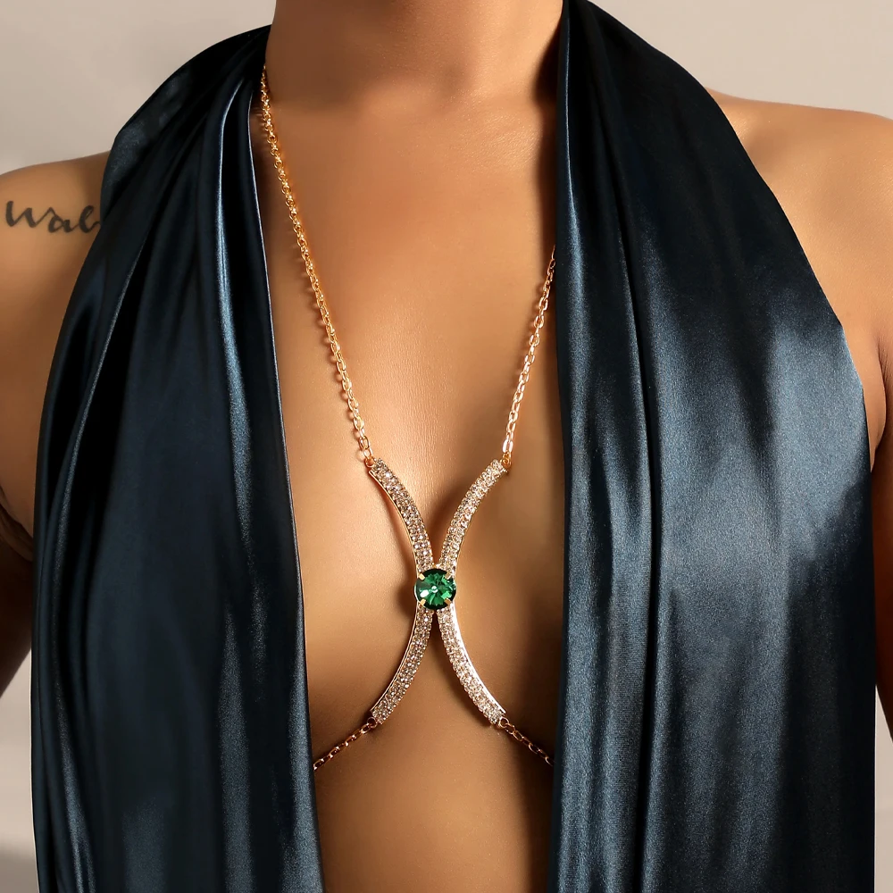 Lady Round Crystal Cross Chest Bracket Chain Party Body Clothing Summer Top Green Rhinestone Sexy Bra Chain Lingerie Accessories