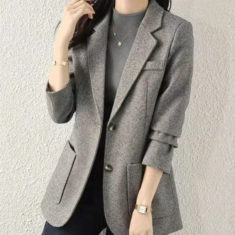 Blazer grigio Donna Lana e misto Abbigliamento Tweed Giacca solida Capispalla Cappotti slim per le donne Recensioni coreane Molte moda 2024 Porta