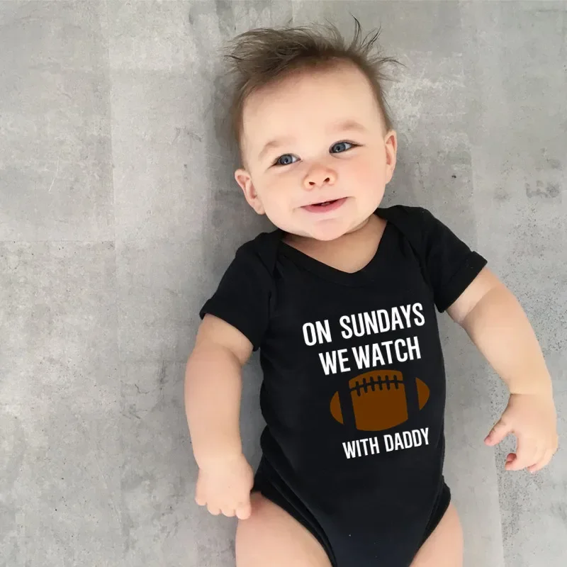 On Sundays We Watch Rugby with Daddy Infant Bodysuit Soft Cotton Short Sleeve Bodysuit Baby Clothing Summer