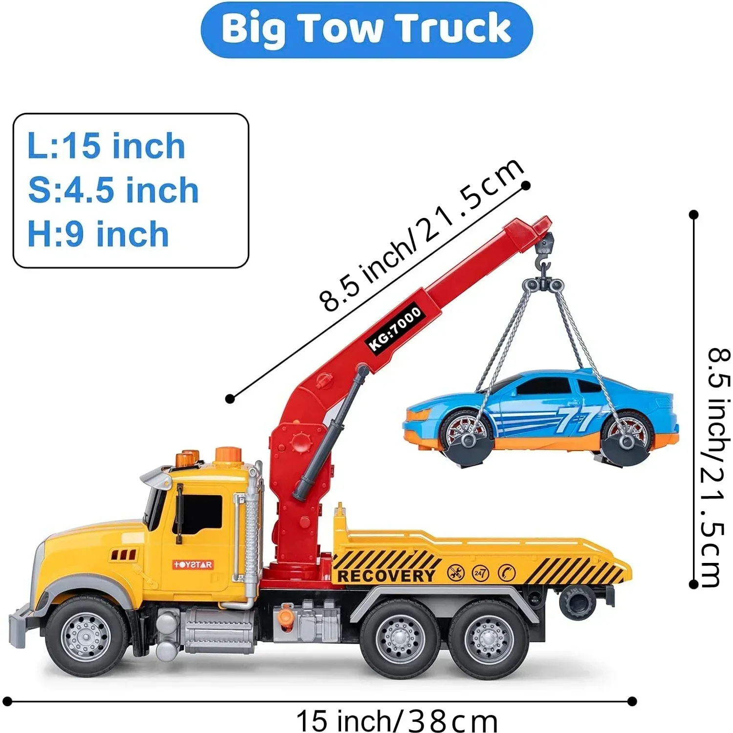 Camiones de remolque con gancho, luz y sonido para niños, impulsado por fricción con remolque, vehículos de juguete para niños