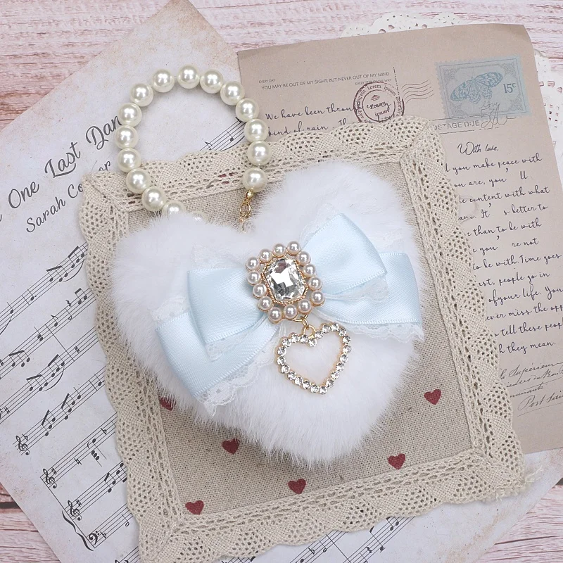 Adorno de bolso romántico, llavero de perlas de corazón de felpa, llavero de decoración para bolso, colgante de bolso dulce Ita, llavero de accesorios de lazo hecho a mano