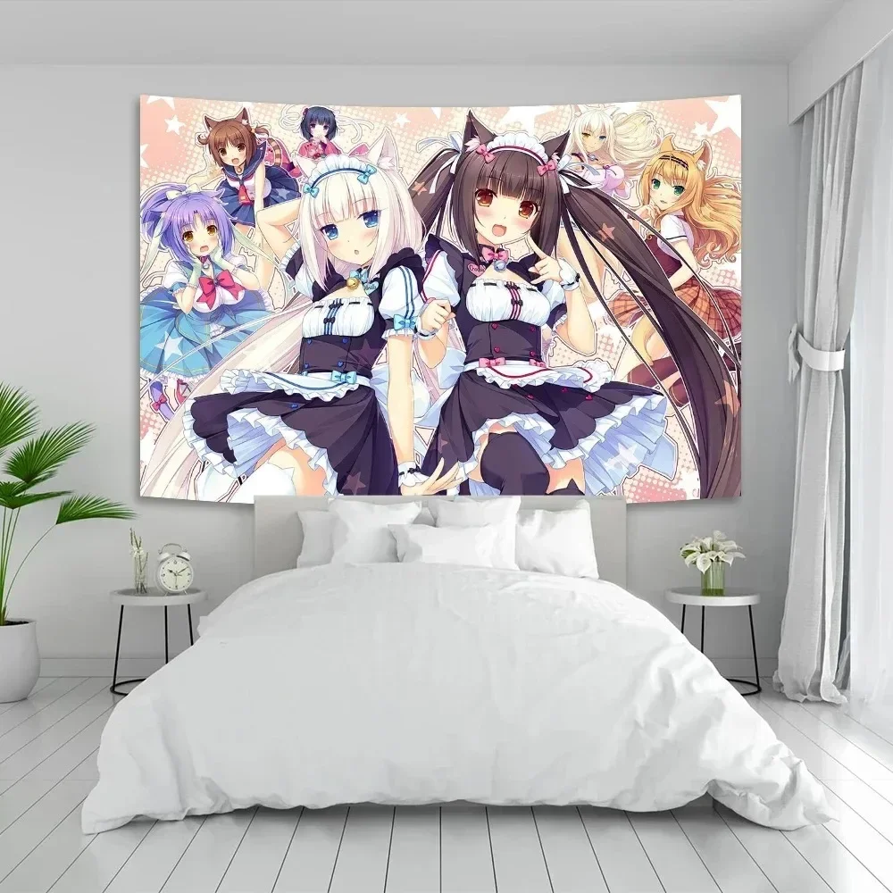 Anime Nekopara Wall Tapestry, Kawaii Background Cloth, Psychedelic Girls Dorm Pink Room Banner