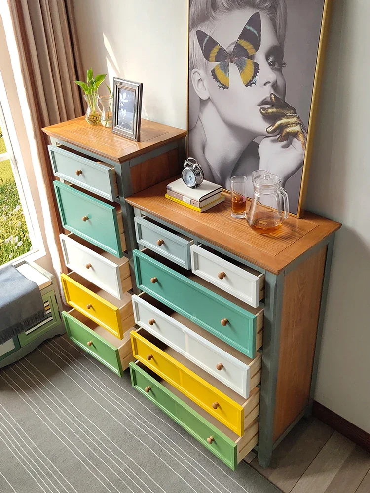 Contrast Color Chest of Drawers Chest of Six Drawers Solid Wood Mediterranean Living Room Wall Cabinet Hallway Storage