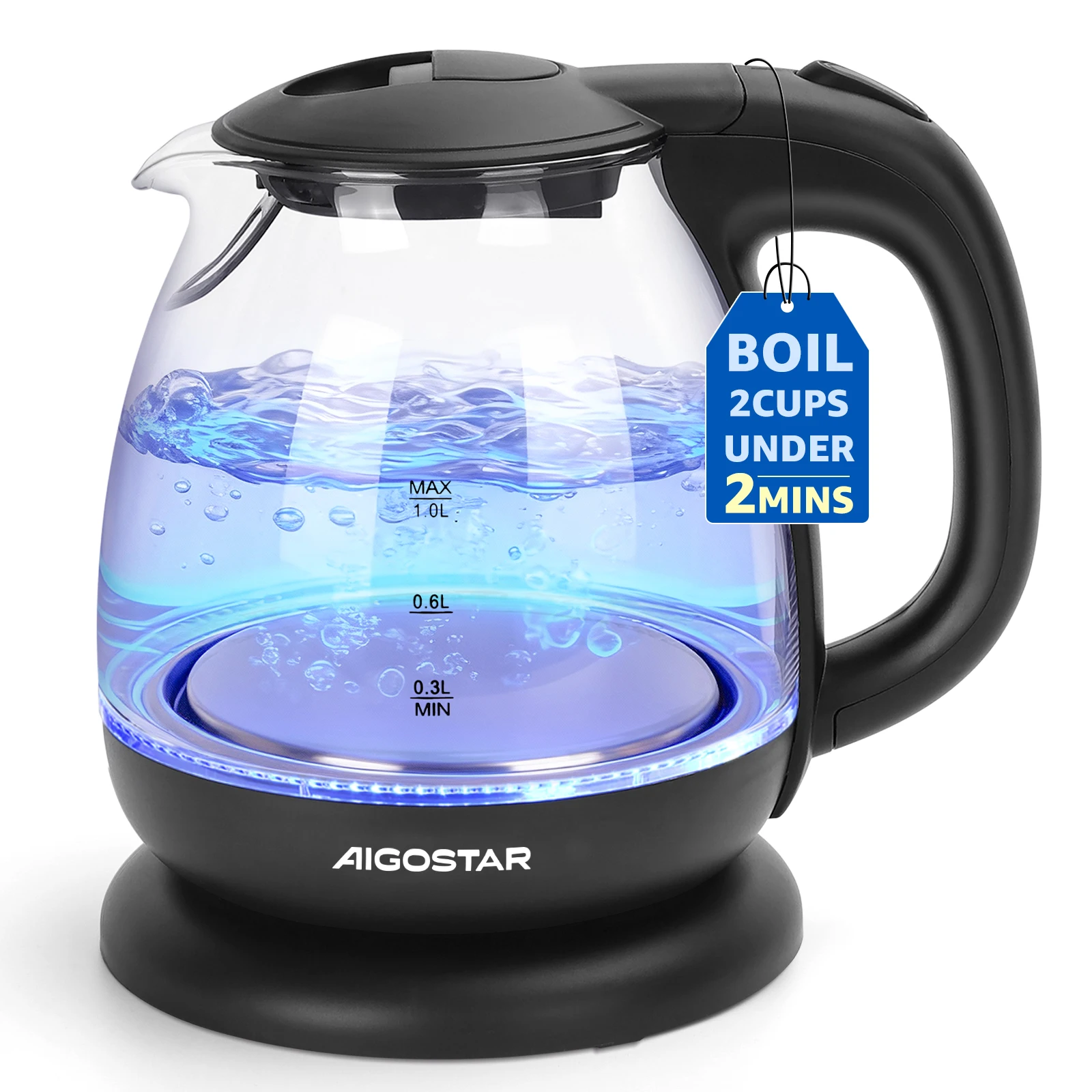 Aigostar Elfin Mini-Wasserkocher aus Borosilikatglas mit LED-Beleuchtung, 2200 W, Kapazität 1 l, BPA-frei, schnelles Kochen, Vakuumschutz, Schwarz