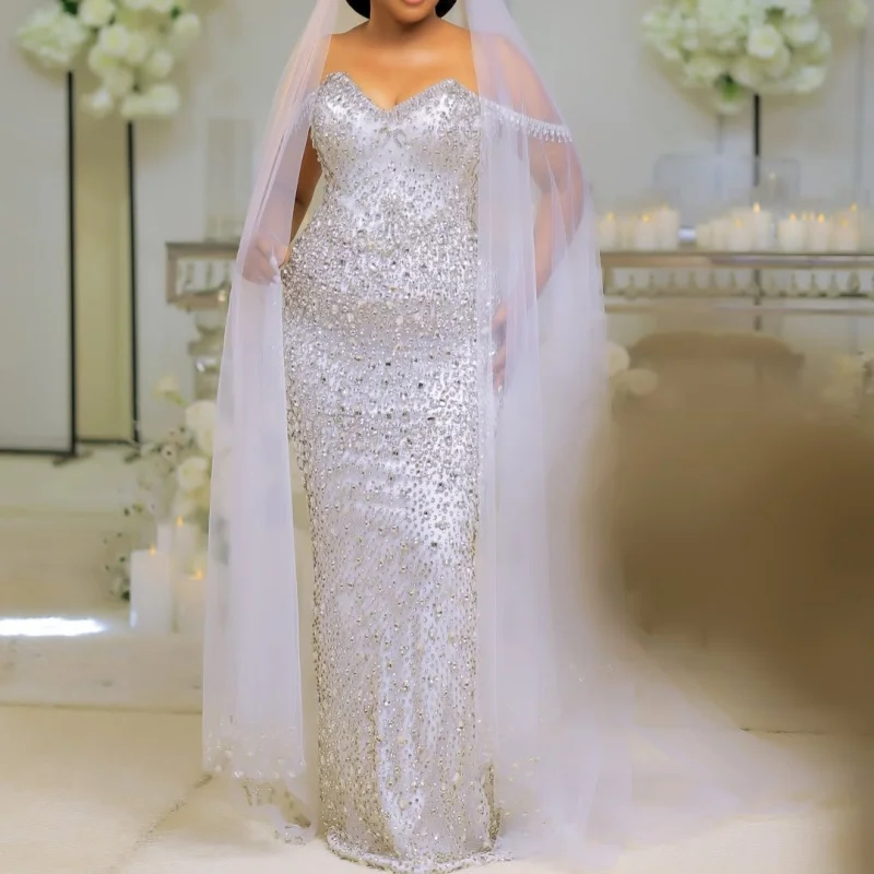 Beadwork White Appliques Wedding Dresses Pearl Crystal Decal skirt long tail Mermaid Skirt Made wedding dress Bridal Gown