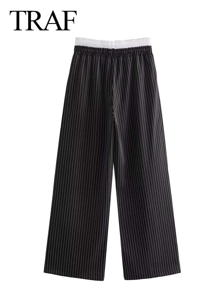 TRAF 2024 pantaloni a righe versatili larghi casuali da donna moda femminile Streetwear pieghe stringate a vita alta pantaloni Chic oversize