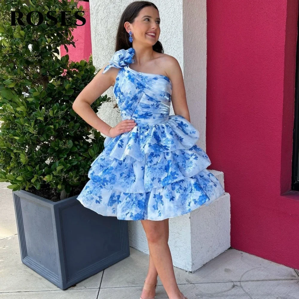 

ROSES Blue One Shoulder Prom Dress A Line Tiered Party Dress Gown Sleeveless Flowers Wedding Party Dress for Woman Customized